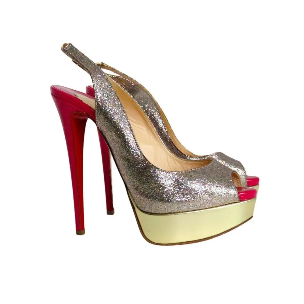 Christian Louboutin Lady Peep Slingback Glitter Pumps Platine Gold Pink Red 36.5